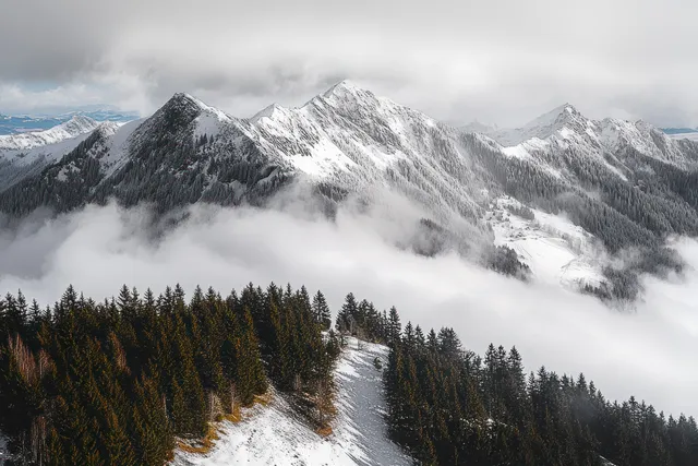 Snowy mountain ridge above dark evergreen forest with mist drifting under cloudy skies