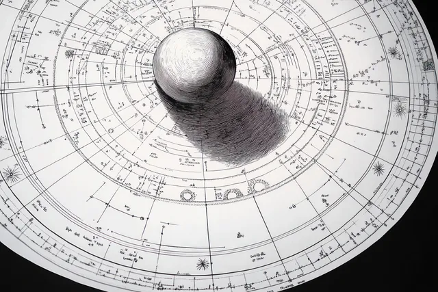 Textured metal sphere casting a shadow over a circular celestial chart with concentric lines and symbols.