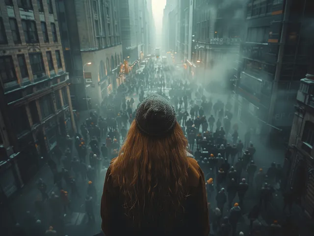Back view of a businesswoman standing in a dense city crowd beneath tall buildings and misty light.