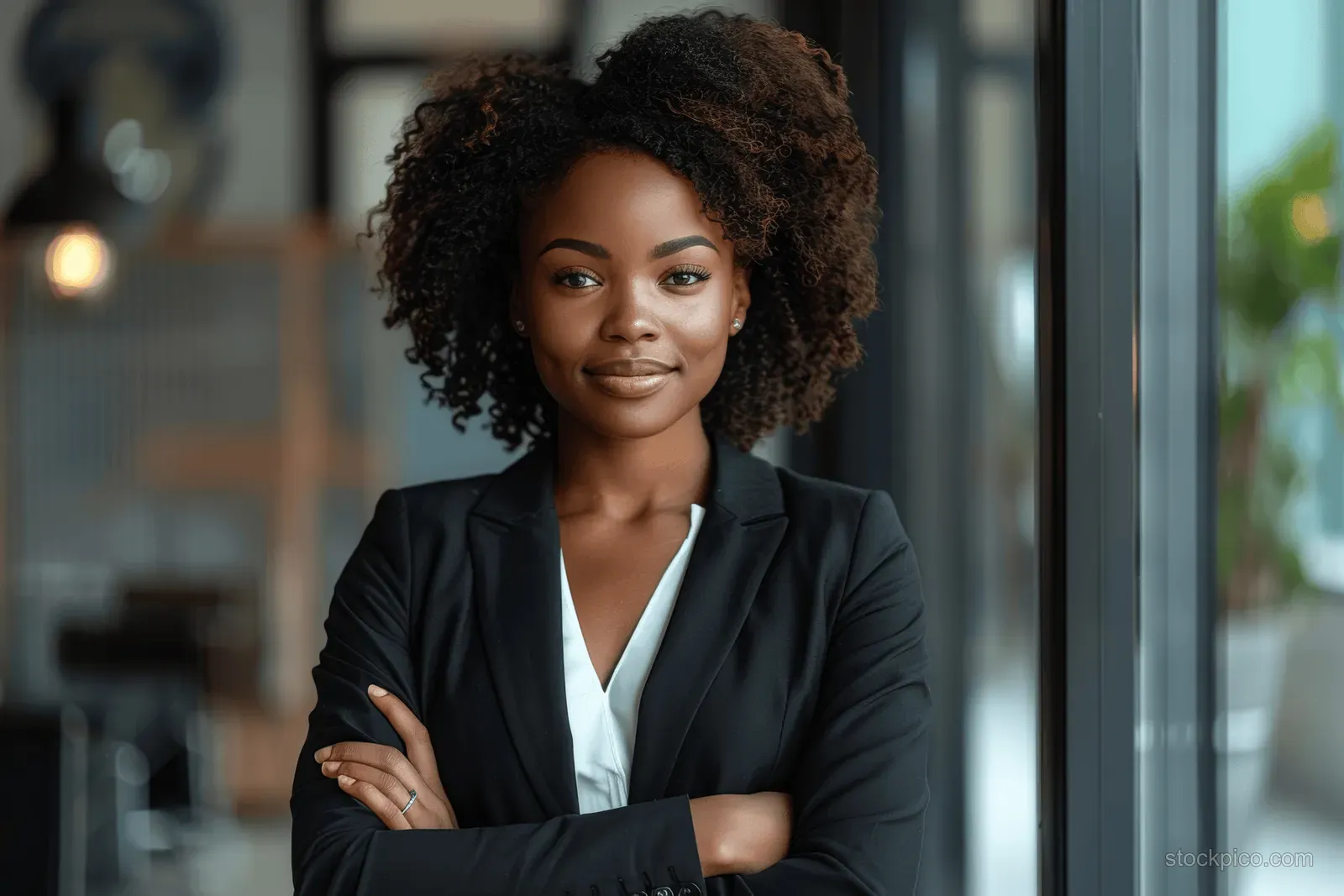 A confident black businesswoman in a suit smiles at an office glass door with arms crossed.