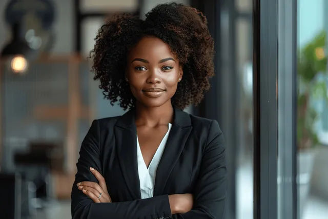Confident black businesswoman smiling with arms crossed at office glass entrance