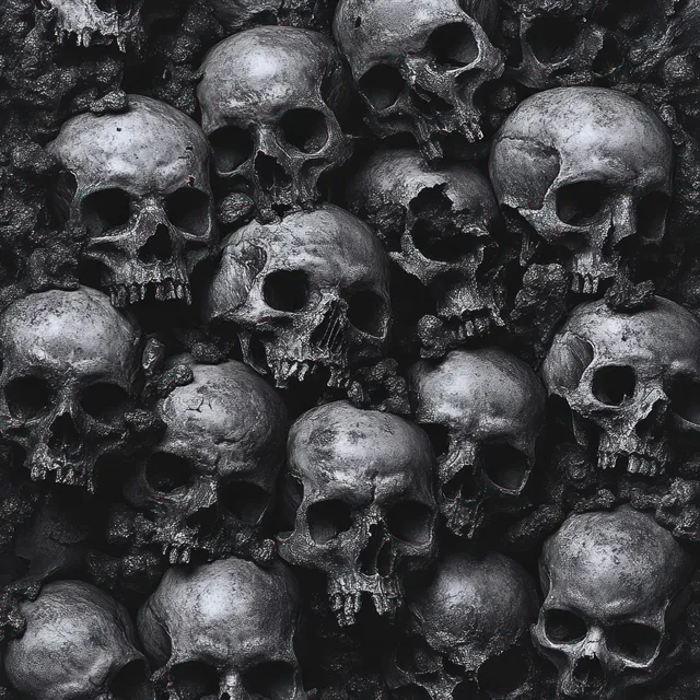 Overlapping human skulls fill a dark background, showing empty eye sockets and weathered teeth in close-up.