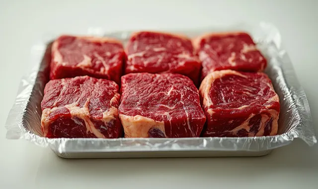 Raw beef cubes sealed in a clear plastic tray on a white background under soft light.