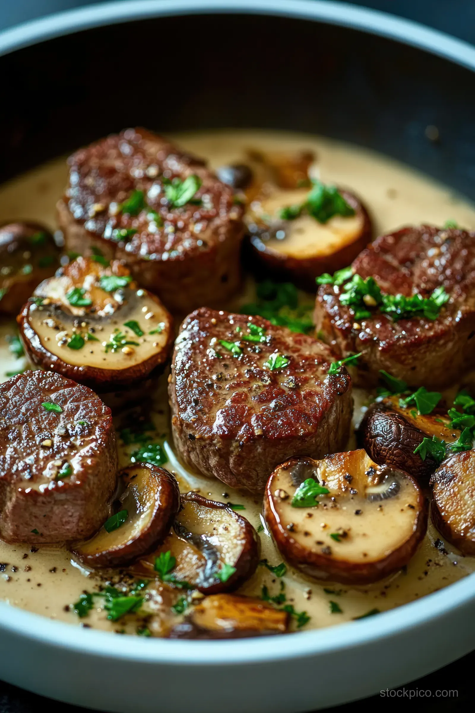 Seared filet mignon medallions with sautéed mushrooms in creamy sauce garnished with herbs and black pepper.