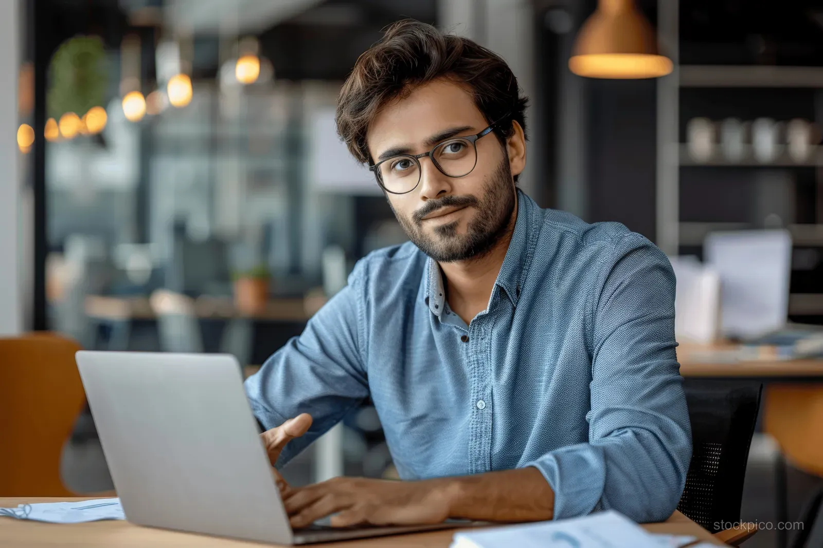 Bearded Indian businessman wearing glasses works on a laptop at a desk in a modern office with blurred lights behind.