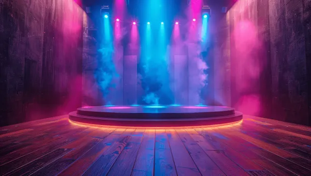 Empty stage with rotating colorful spotlights, smoke, and illuminated circular platform at night