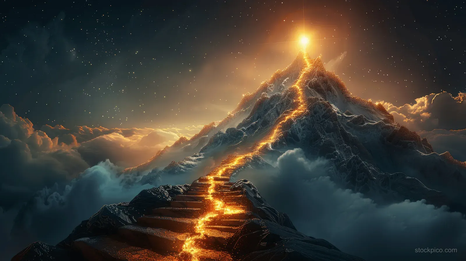 Golden glowing steps climb a snowy mountain toward a bright star above the peak at night.