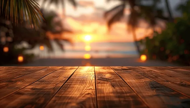 A wooden deck in the foreground frames a tropical beach sunset with palm trees and a glowing ocean horizon.
