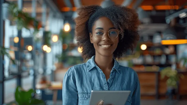 Confident African American woman smiling while holding a tablet in a modern office hallway