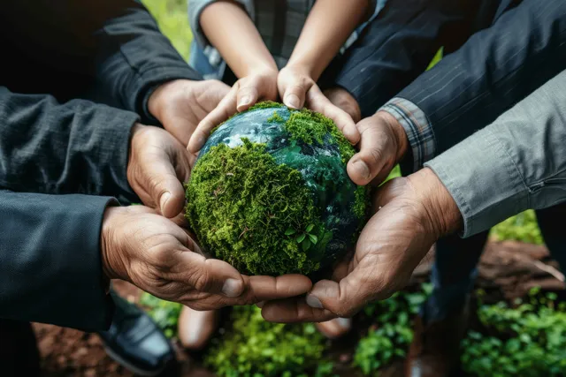 Hands holding a small green globe with moss texture during an Earth Day climate care scene