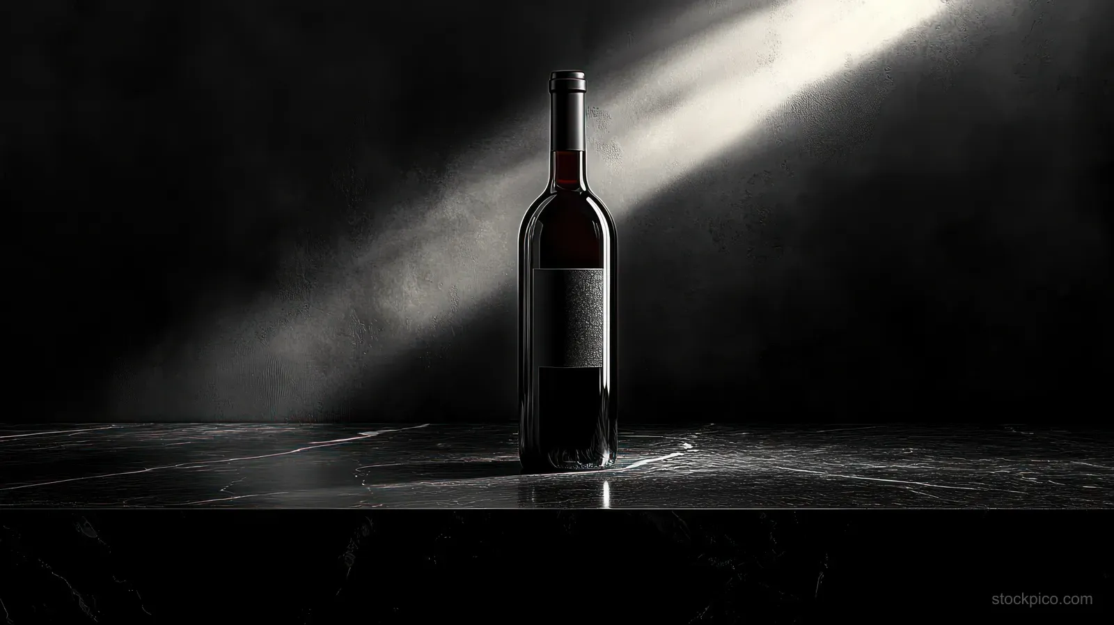A dark wine bottle is spotlighted on black marble, with smoky shadows and textured darkness behind it.