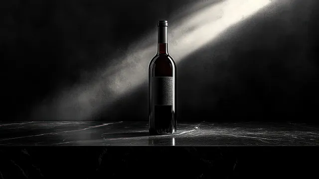 A dark wine bottle is spotlighted on black marble, with smoky shadows and textured darkness behind it.