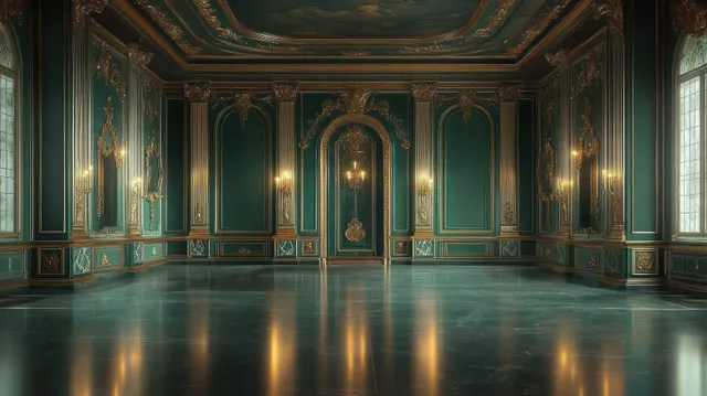 Empty grand hall interior with teal walls, gold trim, tall mirrors, chandeliers, candle sconces, and reflective marble flooring.
