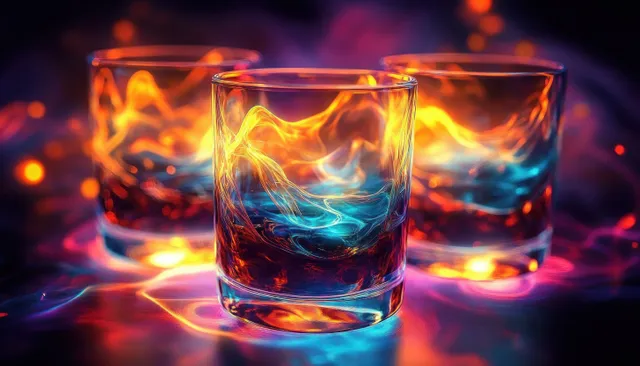Three empty transparent glasses reflect swirling orange and blue flames against a dark background.