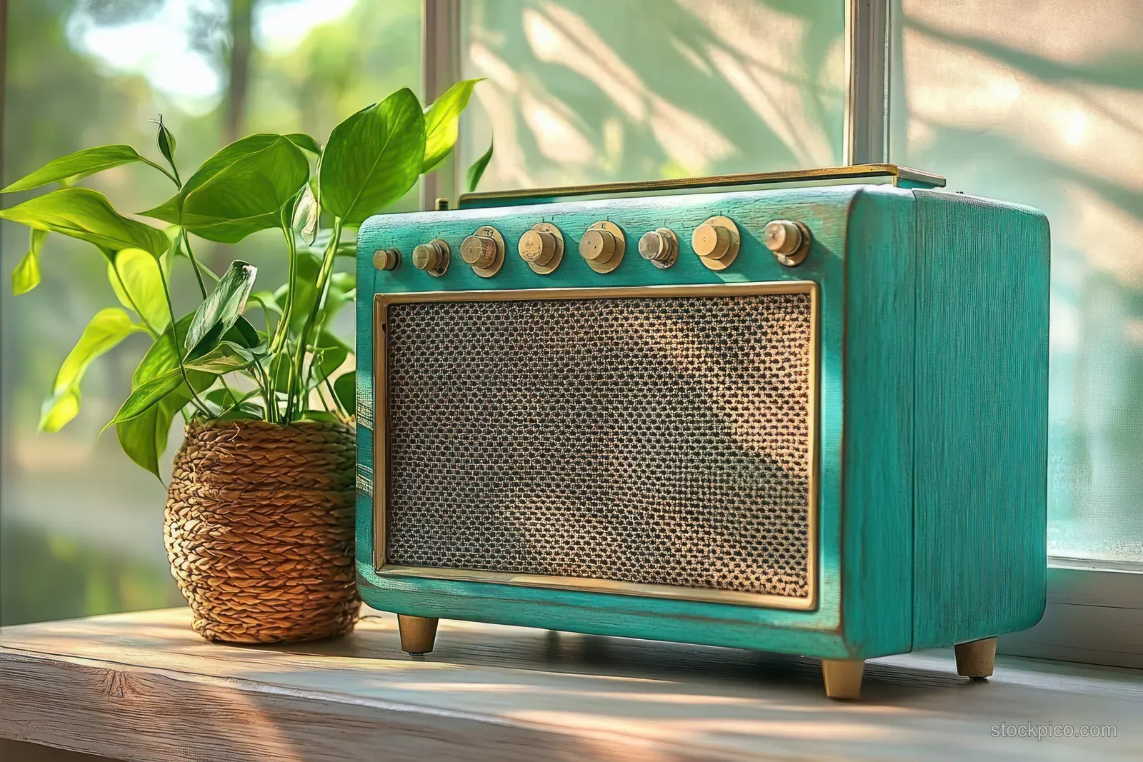 Turquoise vintage radio with knobs on a wooden windowsill beside a leafy plant in a woven basket under sunlight.