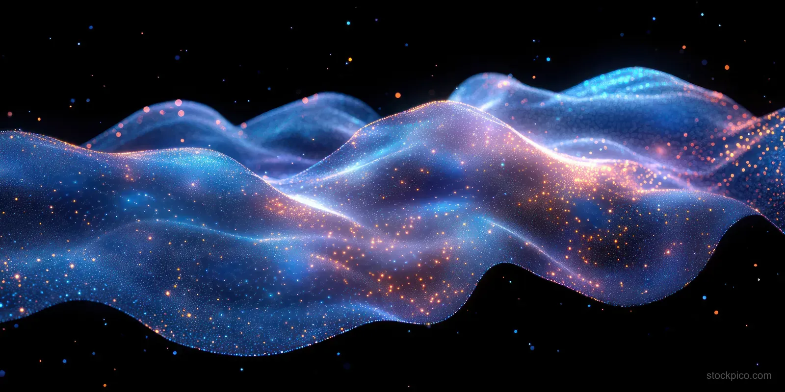 Neon blue and green particle waves undulate across a dark starry background.