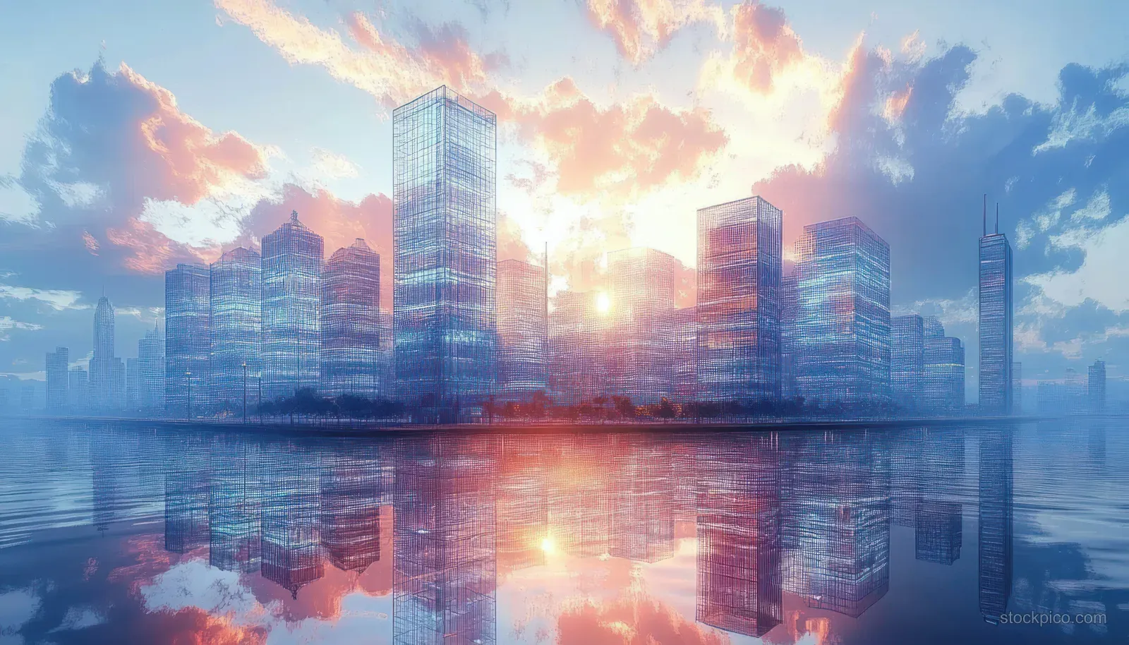 Blueprint lines and zoning marks overlay a city skyline at sunrise, reflected on water beneath tall glass towers.