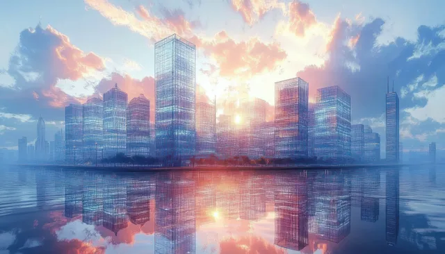 Blueprint lines and zoning marks overlay a city skyline at sunrise, reflected on water beneath tall glass towers.