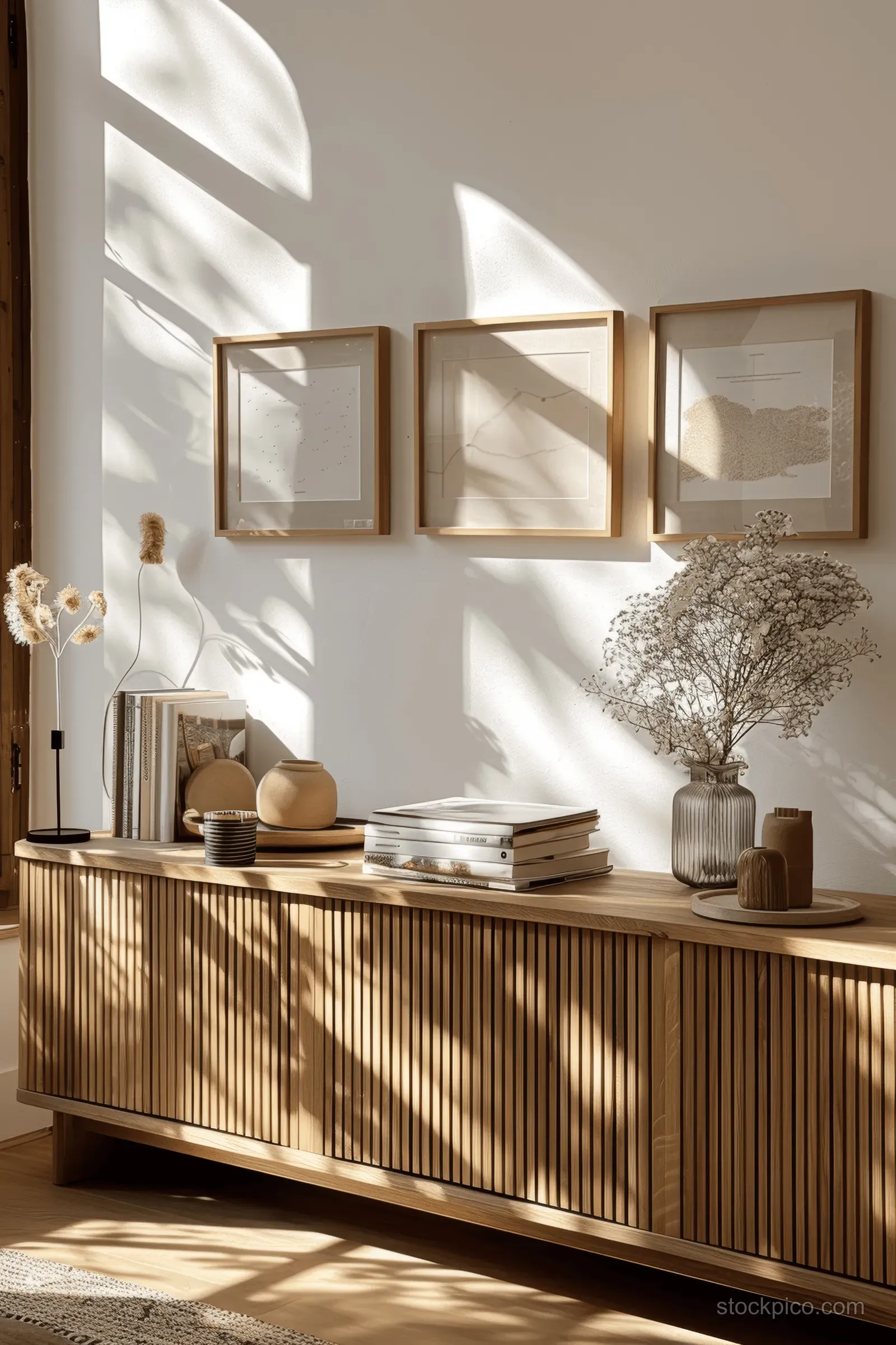 Sunlit Scandinavian sideboard with ribbed wooden front, framed art on the wall, and small decor items.