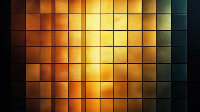 A grid of glowing square panels transitions from dark tones to warm golden light with strong geometric contrast.