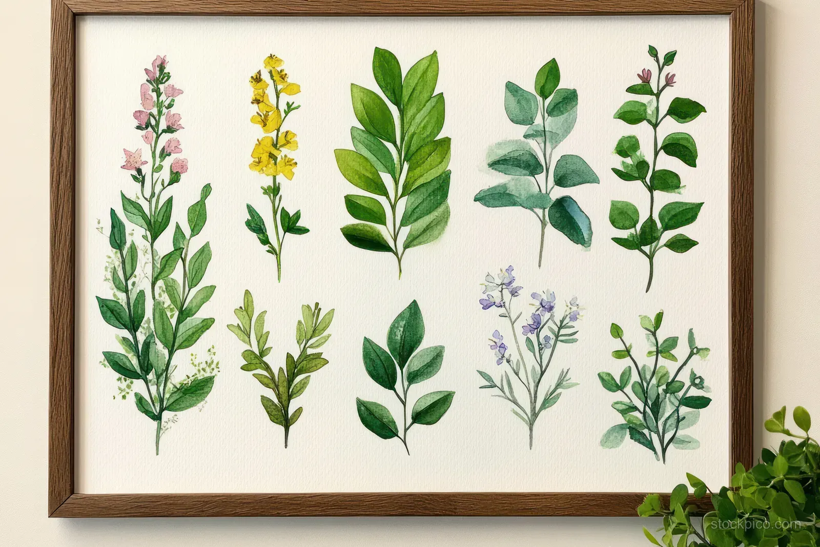 Framed spring botanical illustration with leaves and small flowers on a beige wall beside a rattan plant pot.