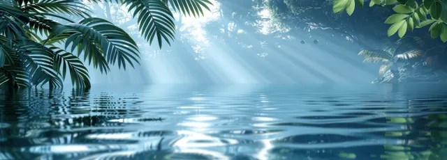 Palm leaf shadows ripple across a light blue ocean surface, tropical summer banner background
