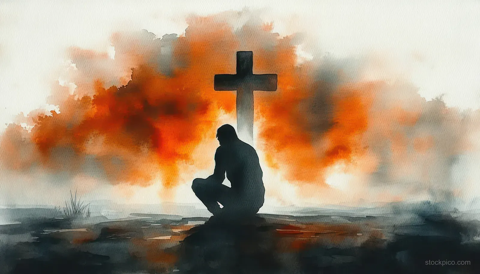 Kneeling praying silhouette stands before a glowing cross against watercolor sunset clouds.