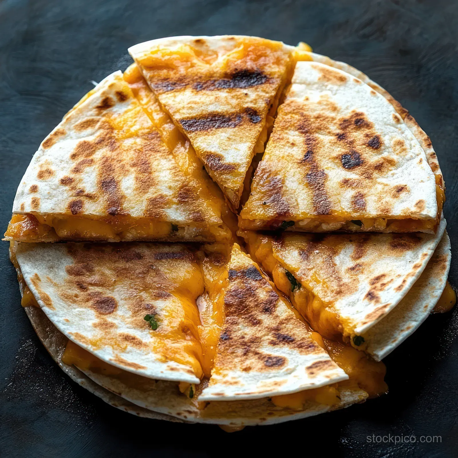 Golden grilled quesadilla cut into six triangular slices with melted cheese on a dark stone surface.