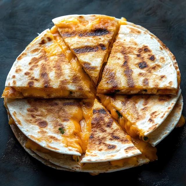 Golden grilled quesadilla cut into six triangular slices with melted cheese on a dark stone surface.