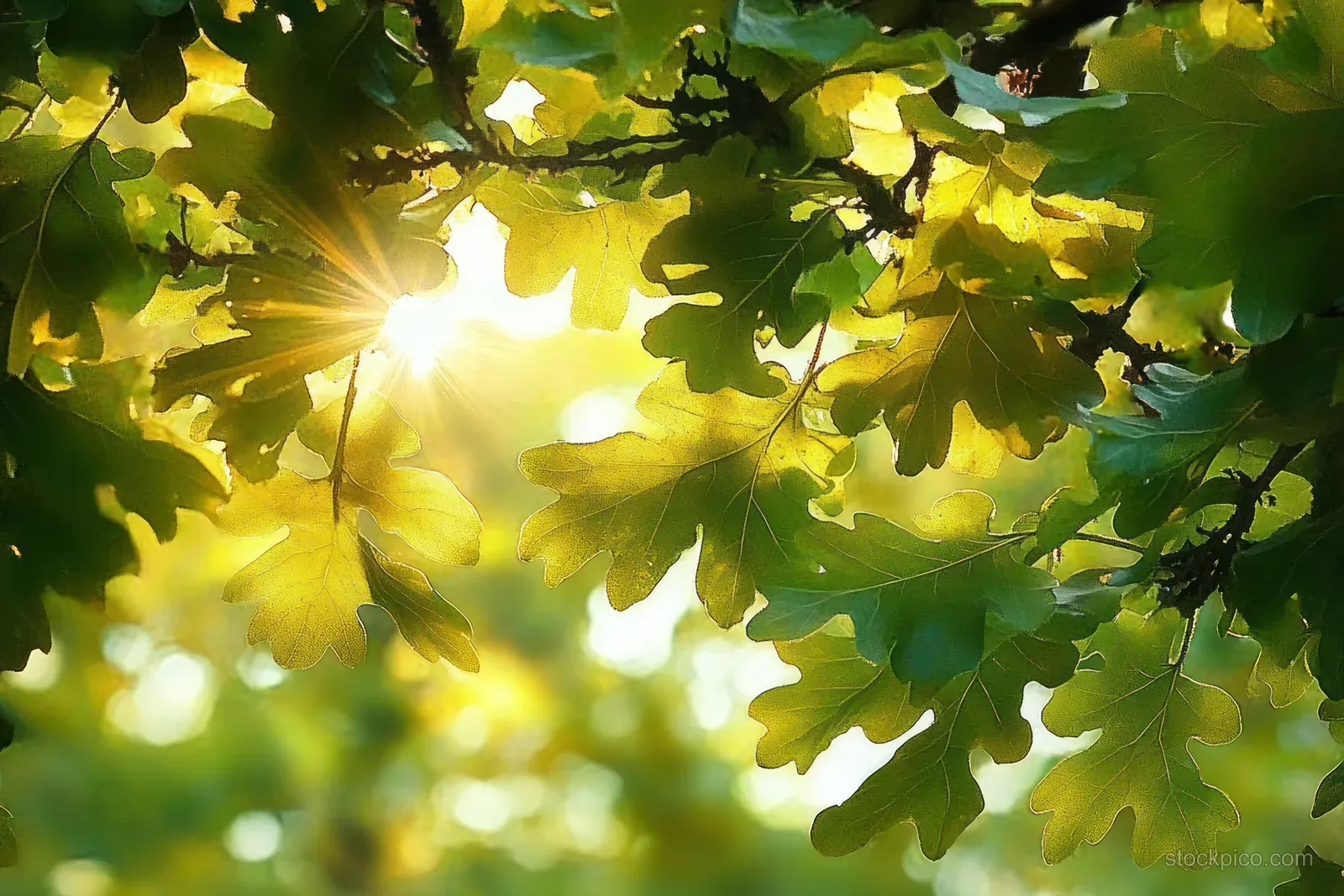 Sunlight shines through dense green oak leaves in a forest canopy.
