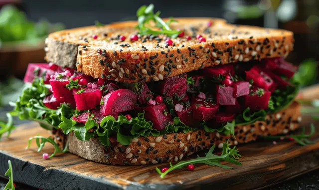 Vegan beetroot avocado sandwich stacked on seeded whole grain bread
