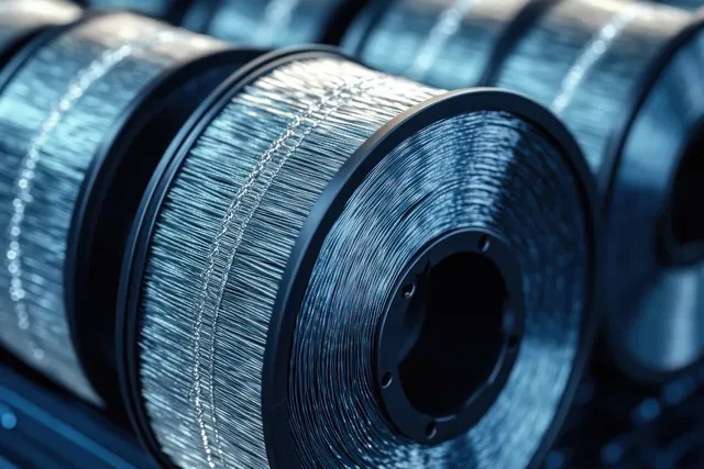 Close-up of aligned metallic wire spools with blue industrial lighting and visible coil textures