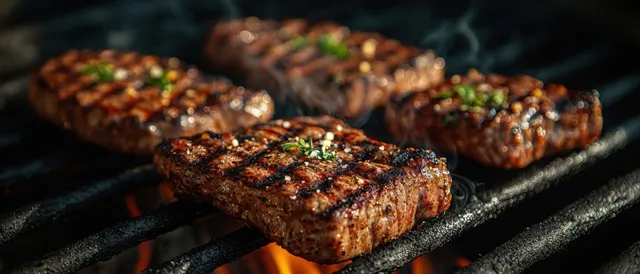 Sizzling steaks cook on a charcoal grill with visible grill marks and a smoky outdoor barbecue scene.
