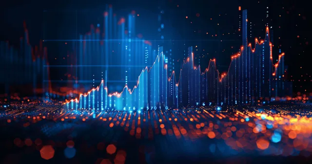 Glowing candlestick trading chart and market data points on a dark digital grid background.
