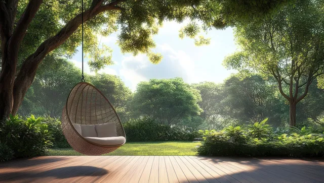 A wicker swing hangs from a tree above a wooden deck in a sunlit green garden.