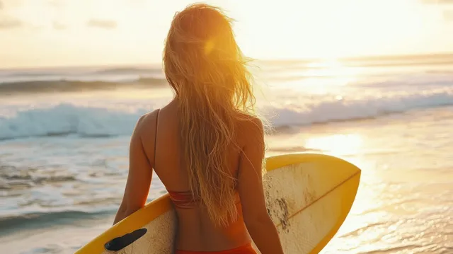 A young woman holds a surfboard by the beach at sunset while ocean waves roll in the background.