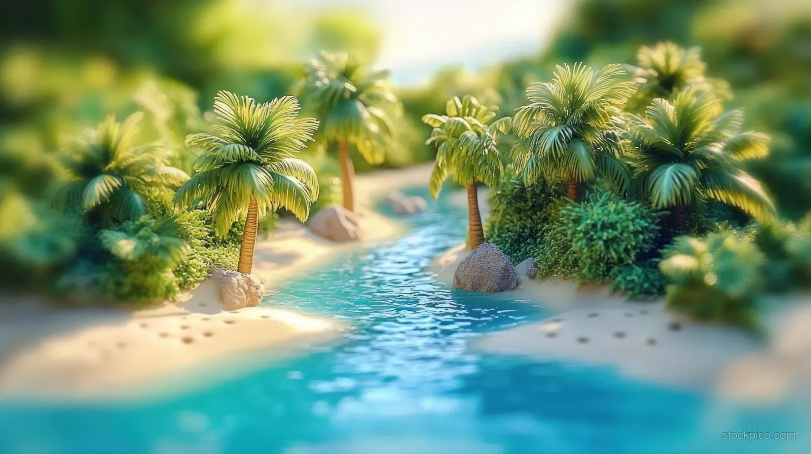 A tropical river curves through palm trees with sandy banks and soft light reflections on the water.