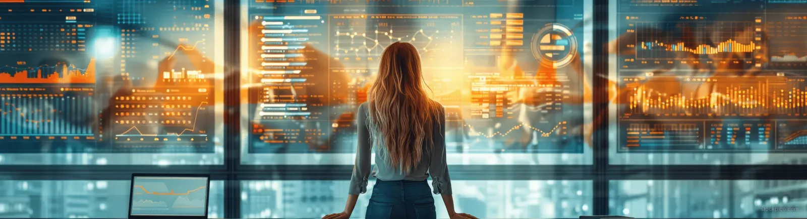 A woman reviews data dashboards in a virtual office while city lights shine through window panels at night.
