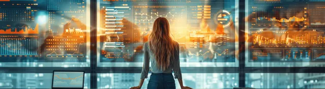 A woman reviews data dashboards in a virtual office while city lights shine through window panels at night.