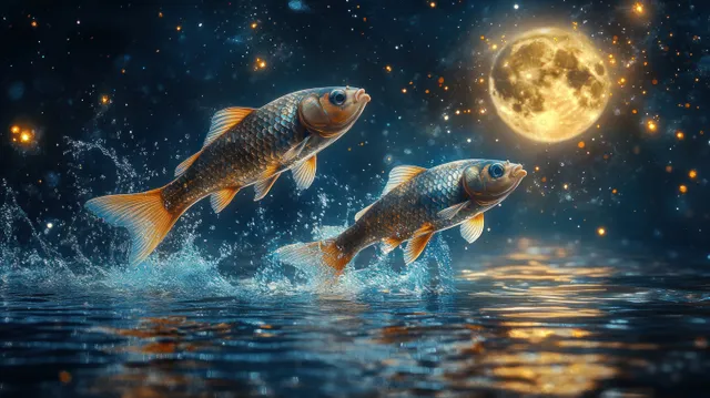 Two fish splash from moonlit water under a full glowing moon and starry sky with Pisces symbolism.
