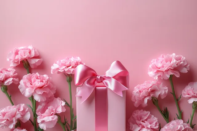 Pink carnation gift box with satin ribbon, spring greeting still life background