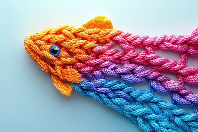 Colorful braided ropes form an arrow-like shape on a light blue background