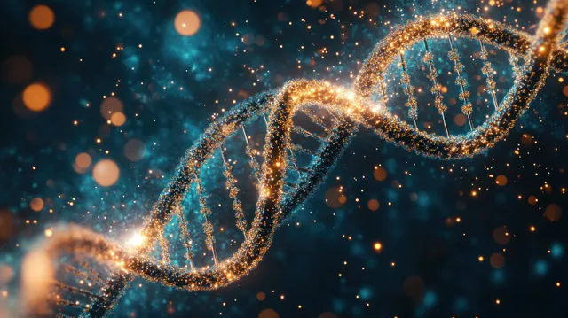 A luminous double helix DNA strand glows with golden and blue particles over a dark cosmic background.