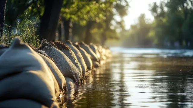 Sandbags are lined along a flooded street as water ripples beside them in sunlight.