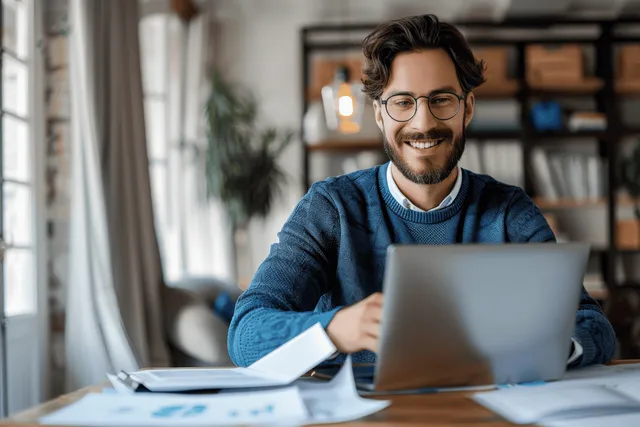 Smiling man in a blue sweater reviews documents on a desk while working on a laptop in a bright home room.