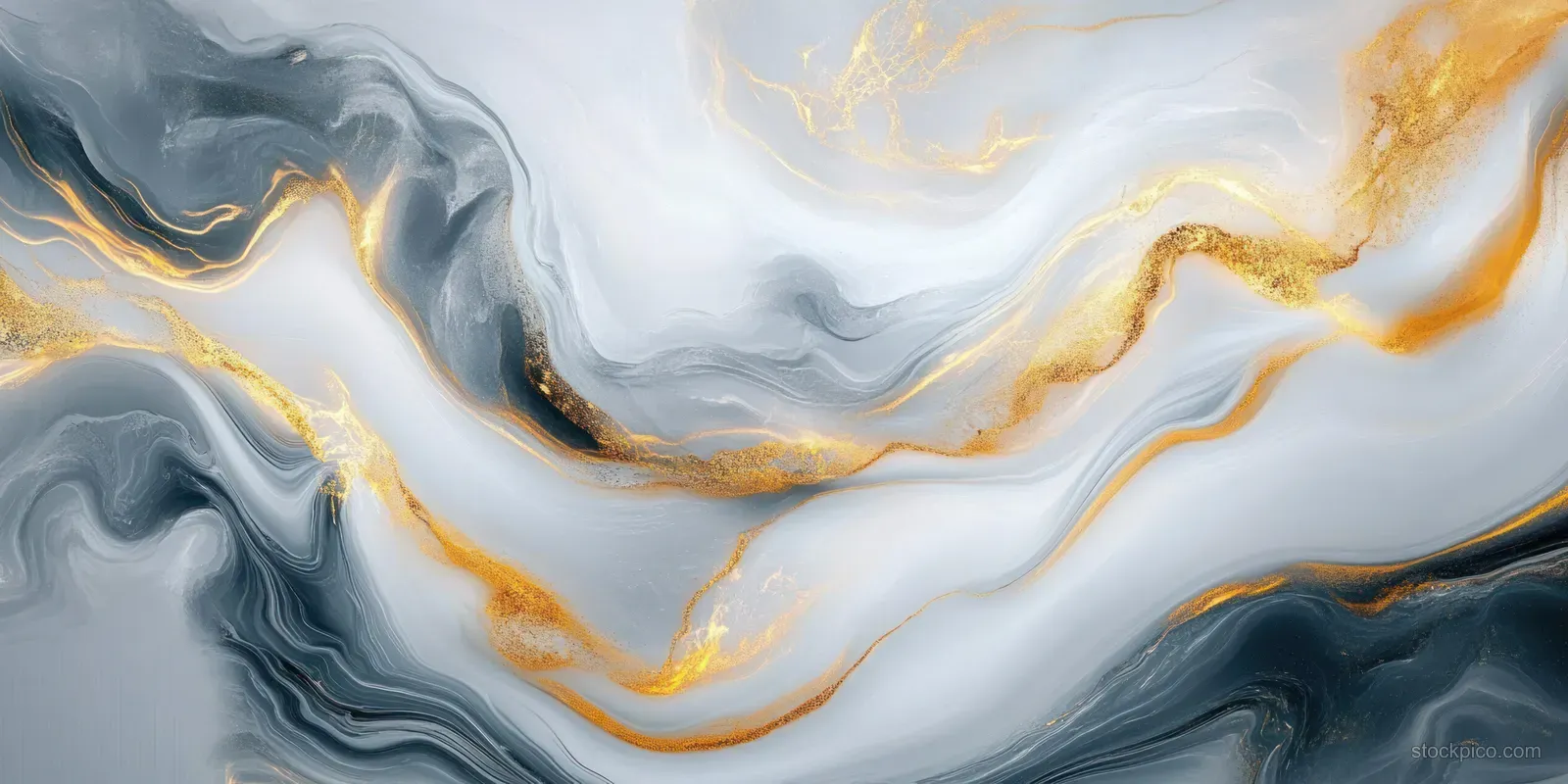 White marble and gold veining swirl patterns on a polished abstract surface under soft light.