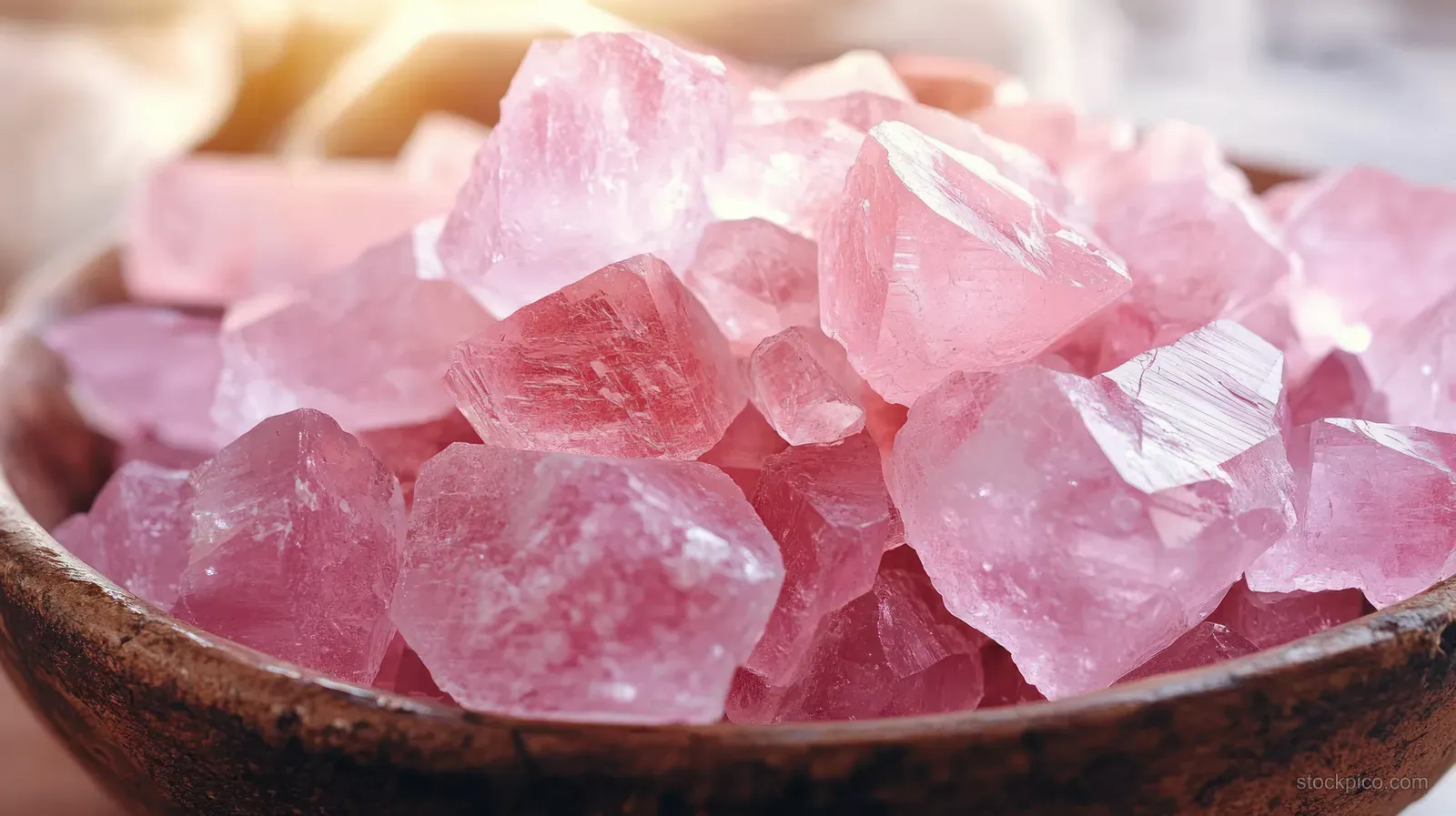 Pink quartz crystals fill a rustic bowl, reflecting soft natural light on their faceted surfaces.