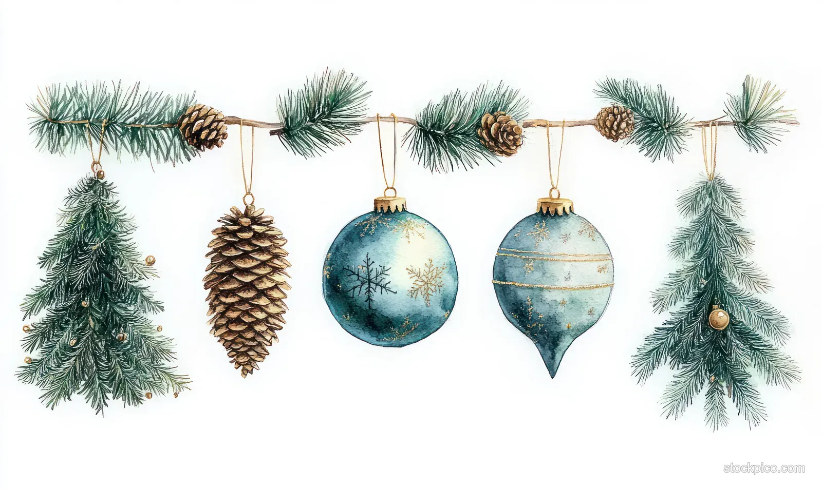 Watercolor pine branch garland with hanging green gold ornaments and pinecone, bell, and baubles.