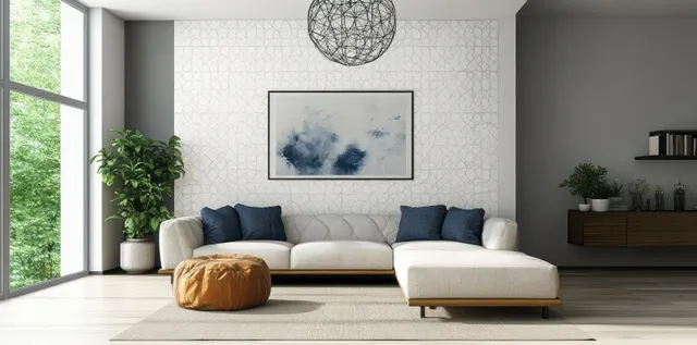 Sunlit Scandinavian living room showing a white sectional sofa, geometric wallpaper wall, and a floor lamp near plants.