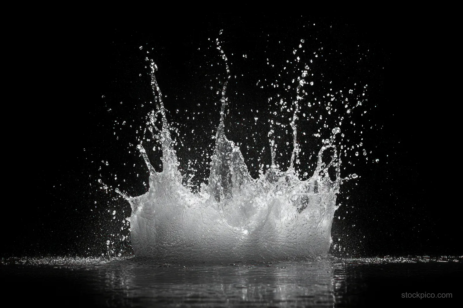 Frozen water splash rises into the air with bright droplets against a black background.